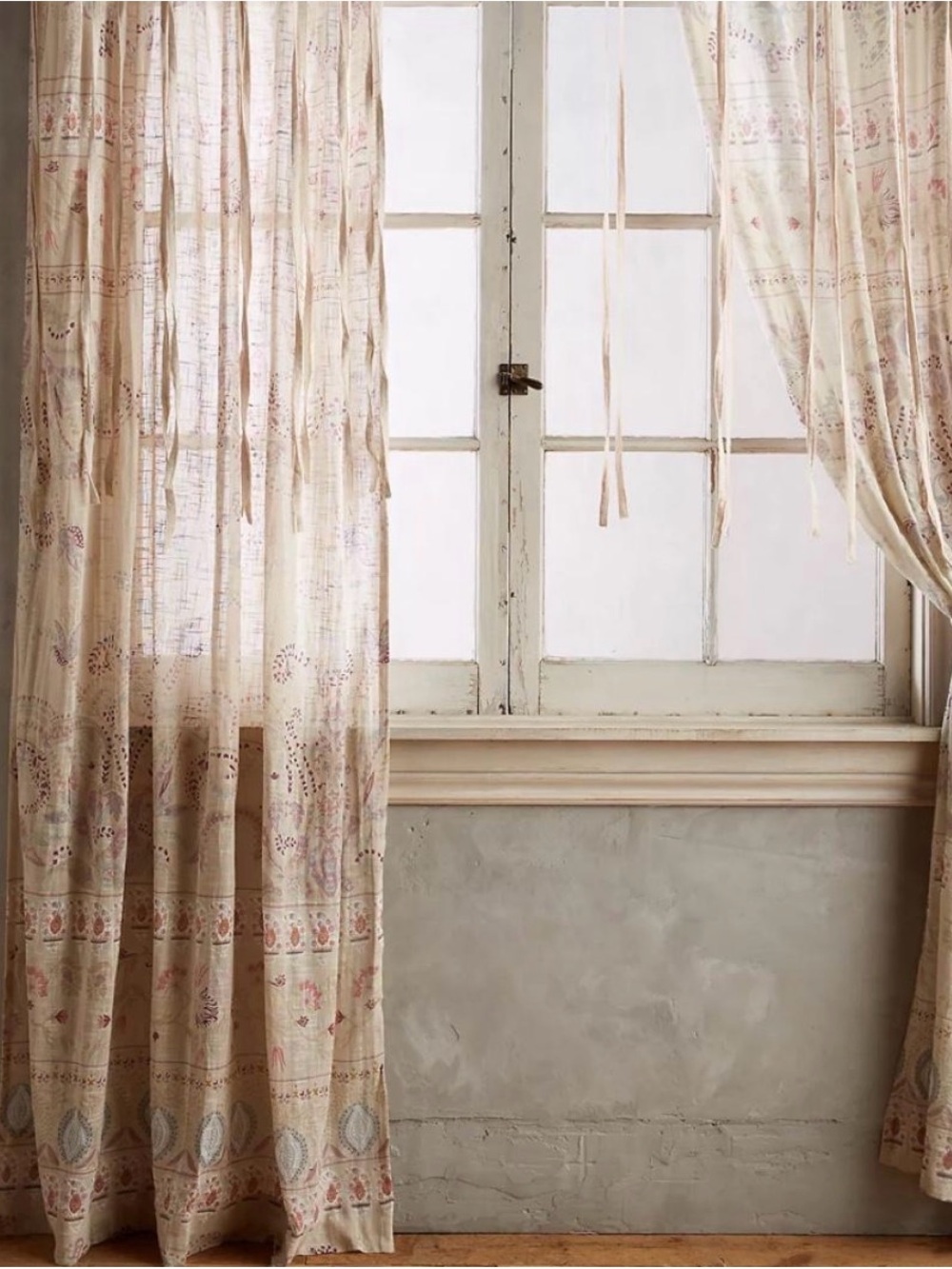 2 Anthropologie Sheer Floral Curtain Panels in Cream and Pink